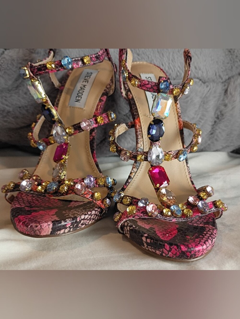 Steve Madden Women's 7.5 Pink Snakeskin Rhine Stone -Strappy Heels - Picture 4 of 10